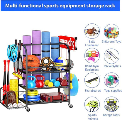 Dumbbell Rack Weight Rack for Home Gym with Wheels and Hooks Sports Equipment Organizer for Garage Yoga Mat Holder Fitness Equipments Storage