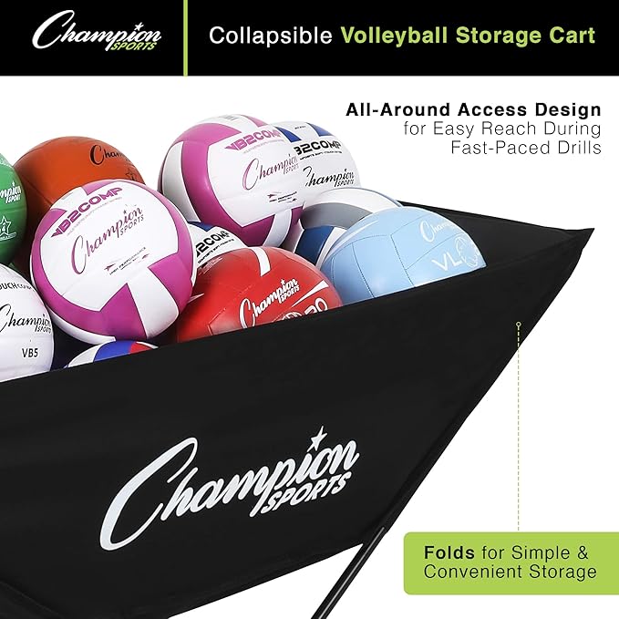 Champion Sports Volleyball Cart with Wheels, Holds up to 24 Balls - Collapsible, Portable Ball Storage with Sturdy Aluminum Frame, Hammock Style Bag - Premium Volleyball Equipment and Accessories , Black