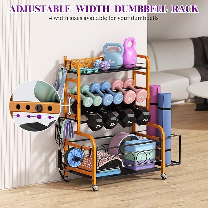 Weight Rack for Dumbbells, Dumbbell Rack Weight Stand, VOPEAK Home Gym Storage Rack for Yoga Mat Kettlebells and Strength Training Equipment, Weight Storage Holder Rack for Dumbbells with Wheels