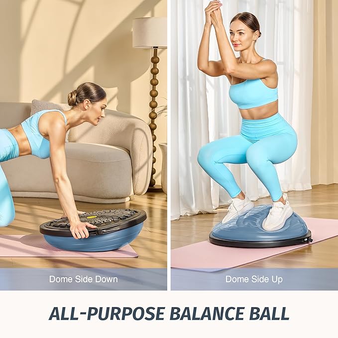 ZELUS 25in. Balance Ball | 1500lb Inflatable Half Exercise Ball Wobble Board Balance Trainer w Nonslip Base | Half Yoga Ball Strength Training Equipment w 2 Bands, Pump, Extra Ball Included