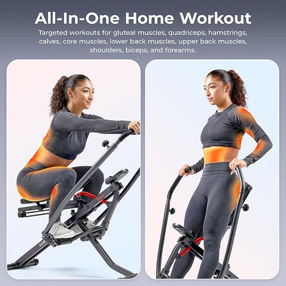 Sunny Health & Fitness Row-N-Ride Squat Assist Trainer for Glutes & Legs Workout with Adjustable Resistance, Optional Full Motion & Smart Connected Fitness App