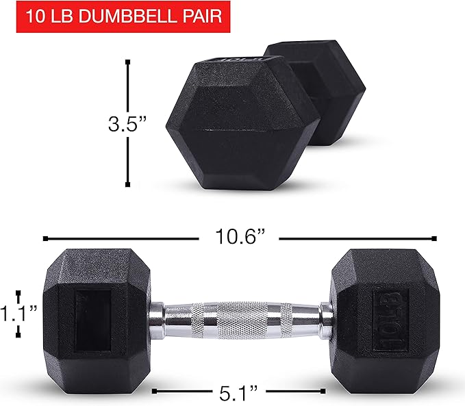 JFIT Rubber Hex Dumbbell - 15 Size, Single and Pair Options, 4-50lbs - Shaped Heads Prevent Rolling and Injury - Ergonomic Hand Weights for Exercise, Therapy, Muscle, Strength and Weight Training