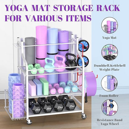 Mythinglogic Yoga Mat Storage Racks,Home Gym Storage Rack for Dumbbells Kettlebells Foam Roller, Yoga Strap and Resistance Bands, Workout Equipment Storage Organizer With Hooks and Wheels