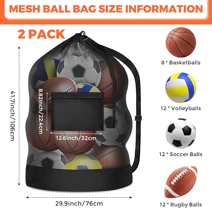 Extra Large Sports Ball Bag, Mesh Soccer Team Balls Bag, Drawstring Sport Equipment Storage Bag for Basketball, Beach Cloth and Swimming Gears