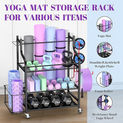 Mythinglogic Yoga Mat Storage Racks,Home Gym Storage Rack for Dumbbells Kettlebells Foam Roller, Yoga Strap and Resistance Bands, Workout Equipment Storage Organizer With Hooks and Wheels