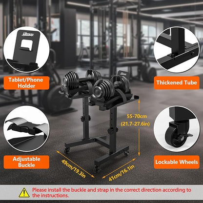 Uboway Adjustable Dumbbell Stand, Hand Weight Rack 4 Level Adjustment for Dumbbells with Tablet Holder, Dumbbell Rack with Durable Casters for Adjustable Dumbbell Set, More Safety and Convenience