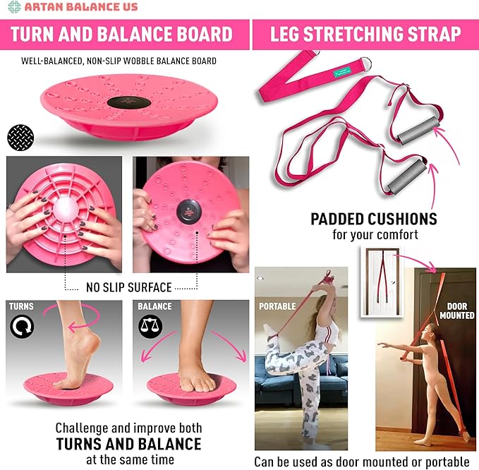 Dance, Cheerleading and Figureskating Trainer Stretching and Balance, 2 Pc. Set, Stretching, Disc Core Board and Flexibility Equipment Strap for Dance, Gymnastics, Turning, Stunt