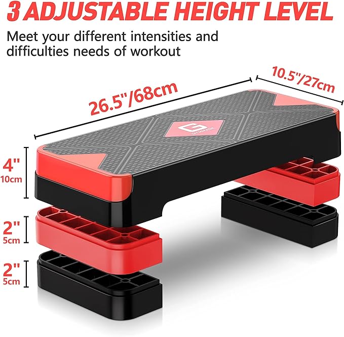 Aerobic Exercise Step, Adjustable Aerobic Stepper for Exercise, Workout Step Platform for Step Up, 26.5" Step Deck with 4” 6” 8” Adjustable Height Risers, Women Home Gym Cardio Fitness