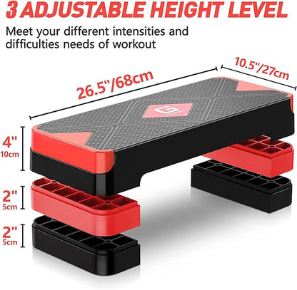 Aerobic Exercise Step, Adjustable Aerobic Stepper for Exercise, Workout Step Platform for Step Up, 26.5" Step Deck with 4” 6” 8” Adjustable Height Risers, Women Home Gym Cardio Fitness