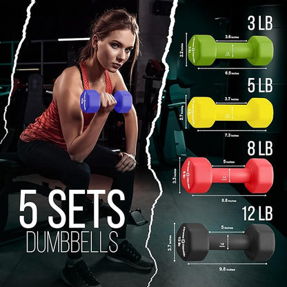 Neoprene Workout Dumbbell Set - Non Slip, Anti Roll Exercise & Fitness Dumbbells Combo - Hex Shaped Hand weights for Men & Women - Ideal for Home Gyms training