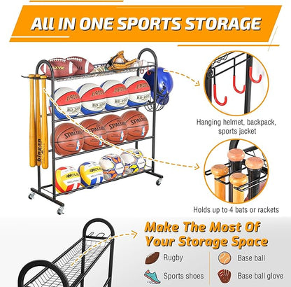 PLKOW Basketball Rack, Rolling Ball Storage with Baseball Bat Holder and Hooks, Sports Equipment Storage with Wheels for Volleyball, Football and Basketball Accessories, Powder Coated Steel