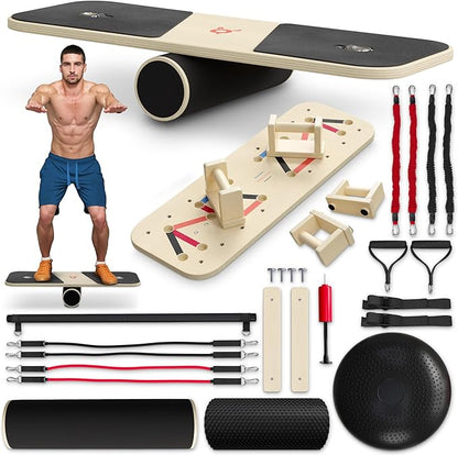 Portable Home Gym, Strength Training Set with Hybrid Balance/Pushup Board, Resistance Bands, and Exercise Bar for Chest, Triceps, Shoulders, At-Home Workout for Men and Women