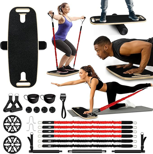 VIVITORY Balance Board Trainer Set, Portable Exercise Equipment with 15 Gym Accessories, 20 in 1 Push Up Board Fitness, Resistance Bands with Ab Roller Wheel, Full Body Workout at Home