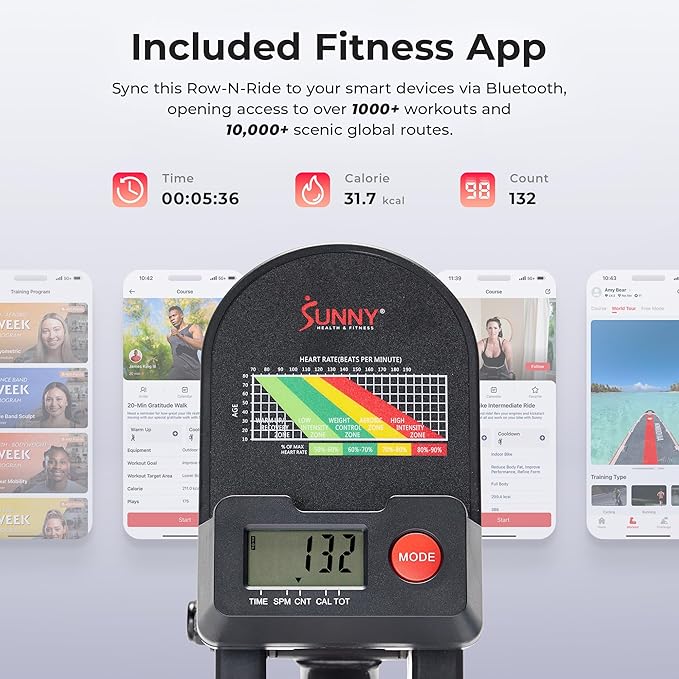 Sunny Health & Fitness Row-N-Ride Squat Assist Trainer for Glutes & Legs Workout with Adjustable Resistance, Optional Full Motion & Smart Connected Fitness App