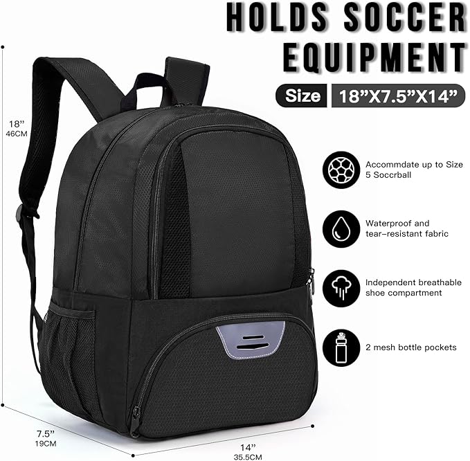 Soccer Bag&Soccer Backpack&Backpack for Football Volleyball Basketball,Sport Equipment Bags with Shoe compartment. (Black)