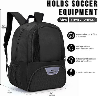 Soccer Bag&Soccer Backpack&Backpack for Football Volleyball Basketball,Sport Equipment Bags with Shoe compartment. (Black)