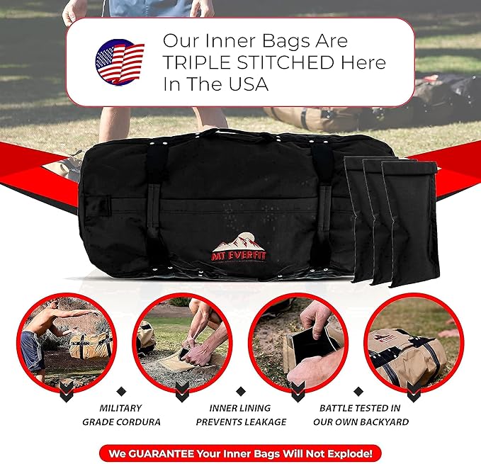 Sandbag Workout Bag & Sandbag Kettlebell Set - Heavy Duty Functional Triple Stitched Fitness Sandbags Made from 1050 Cordura with 8 Thick Foam Padded Handles & 3 Inner Bags