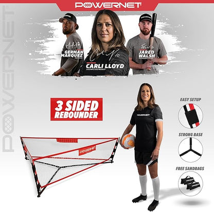 PowerNet Carli Lloyd Soccer Triple Threat Rebounder, 3-Sided Net, Sandbags Included, 80" L x 21" H Per Side, Great for Futsal and Soccer