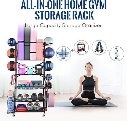 Mythinglogic Yoga Mat Storage Racks,Home Gym Storage Rack for Dumbbells Kettlebells Foam Roller, Yoga Strap and Resistance Bands, Workout Equipment Storage Organizer With Hooks and Wheels