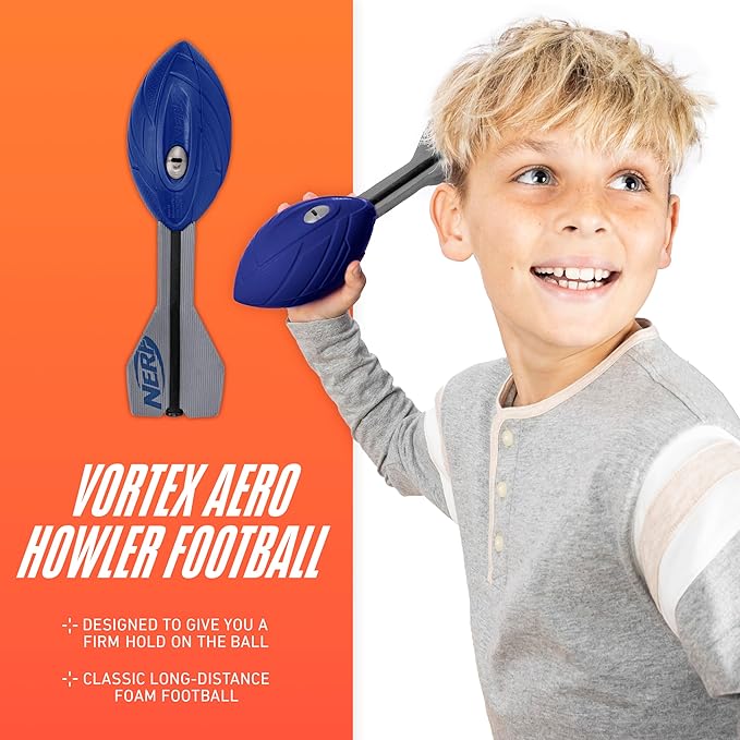 Nerf Vortex Aero Howler Foam Ball – Classic Long-Distance Football - Flight-Optimizing Tail - Hand Grip – Indoor and Outdoor Fun (Blue)