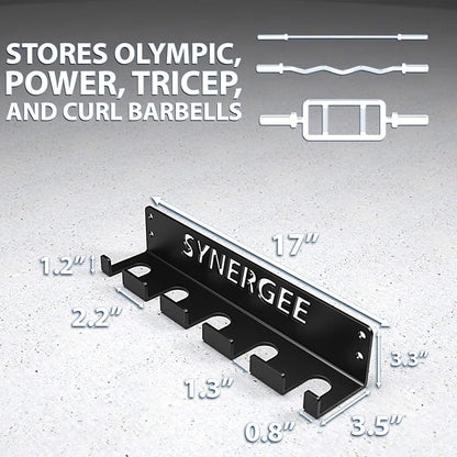 Synergee 1, 2 or 5 Barbell Holder. Vertical Hanging Barbell Rack. Holds Bars, Curl Bars, Hex Bars, Tricep Bars. Excellent Compact, Vertical Storage. Organization for Home, Commercial, Garage Gyms.