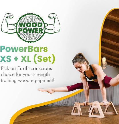 WOODPOWER® - PowerBars, Wooden Parallettes Push Up Bars, Joint-Friendly Beech Wood Calisthenics Equipment for Home, Durable Handstand Trainer Push Up Handles for Floors, XL