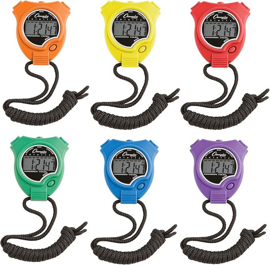 Champion Sports Stopwatch Timer Set: Waterproof, Handheld Digital Clock Sport Stopwatches with Large Display for Kids or Coach - Bright Colored 6 Pack