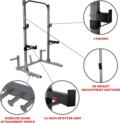 Sunny Health & Fitness Power and Squat Rack with High Weight Capacity Optional Olympic Weight Plate Storage, 360° Swivel Landmine, Power Band Attachment