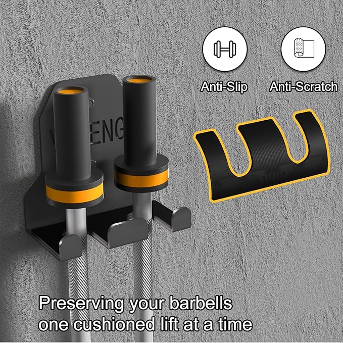 Barbell Holder Wall Mount, Barbell Hanger Black Powder Coated, Olympic Barbell Storage 2 Hooks, Space Saving Commercial or Home Gym Accessory, Garage Gym Bar Wall Rack Holds Under 34mm Bar Size