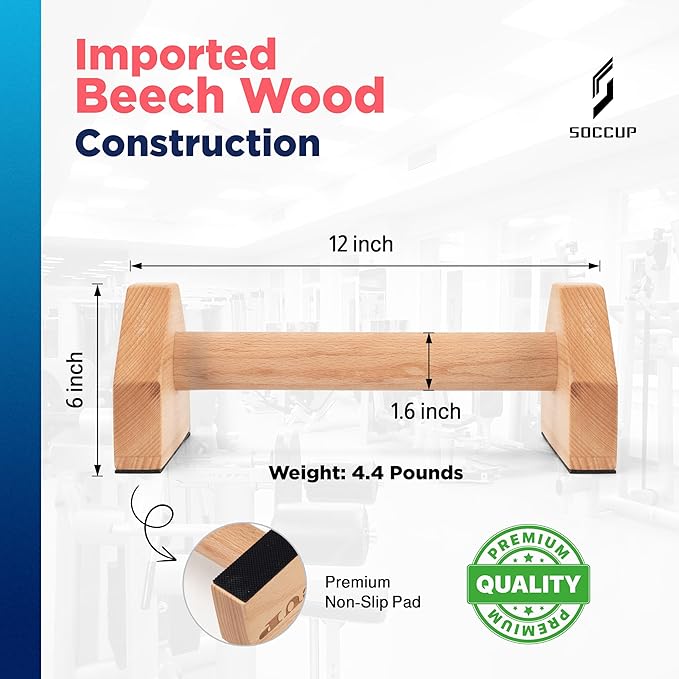 Wooden Parallettes Calisthenics Bars — Solid Beech Wood Push Up Bars for Home & Gym — Calistenia Equipment w/Bar Bag, Wrist Wraps & Anti-Slip Tap — Parallel Bars for Handstand, Pushups & Dips