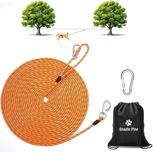 Snagle Paw Dog Runner for Yard 3 in 1, 150FT Dog Training Leash with Handle for Small Medium Large Dogs, Reflective Rope Dog Tie Out Cable with Carabiner for Yard,Park,Camping (Orange for 1 Dog)