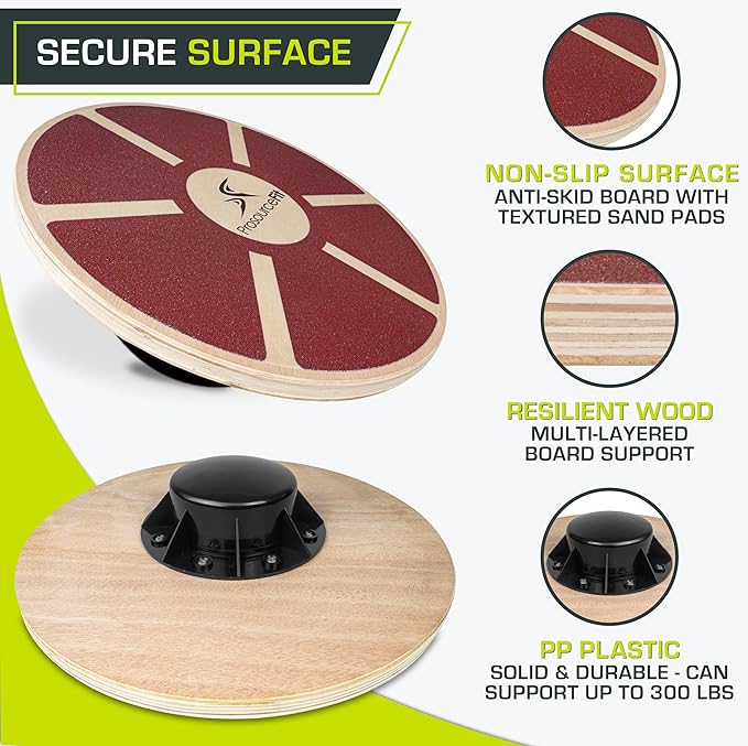 ProSource Wooden Balance Board Non-Slip Wobble Core Trainer 15.75in (39.5cm) Diameter with 360 Rotation for Stability Training, Full Body Exercises, Physical Therapy