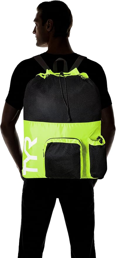 TYR Big Mesh Mummy Backpack for Wet Swimming, Gym, and Workout Gear, Yellow