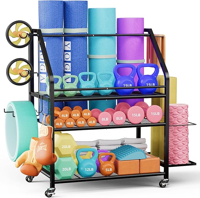 Coonoor Home Gym Storage Rack, Weight Rack for Dumbbell, Kettlebells, Workout Equipment, Yoga Mats Holder, Gym Organizer with Wheels and Hooks