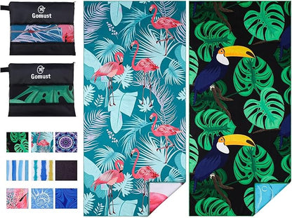 2 Pack Lightweight Thin Beach Towel Oversized 71"x32" Big Extra Large Microfiber Sand Free Towels for Adult Quick Dry Travel Camping Beach Accessories Vacation Essential Gift Flamingo Toucan