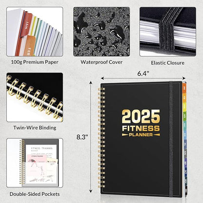 2025 Fitness Workout Journal Planner for Women & Men, from JAN 2025 - DEC 2025 Exercise Planner, 6.4" x 8.3" Fitness Tracker Journal Essentials for Goals, Tracking, Gifts with PVC Plastic Cover, Black