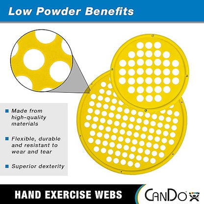 CanDo Hand Exercise Webs for Physical Therapy, Grip Strengthening, and Hand, Finger, Wrist Resistance Workouts, Portable Size, Low Powder, 14" Diameter, Yellow: X-Light