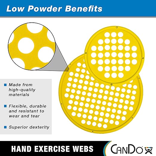 CanDo Hand Exercise Webs for Physical Therapy, Grip Strengthening, and Hand, Finger, Wrist Resistance Workouts, Portable Size, Low Powder, 7" Diameter, Yellow: X-Light