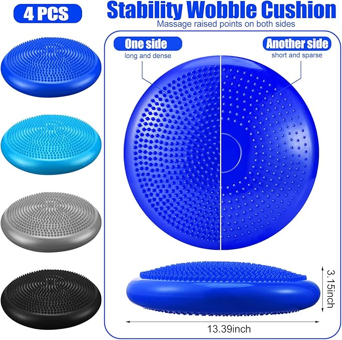 Sotiff 4 Pcs Inflated Wobble Cushion Flexible Wiggle Seat 14” L x 3.2” H Stability Balance Disc with Pump for Sensory Kids Adult Physical Exercise Equipment