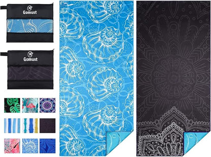 2 Pack Lightweight Thin Beach Towel Oversized 71"x32" Big Extra Large Microfiber Sand Free Towels for Adult Quick Dry Travel Camping Beach Accessories Vacation Essential Gift Black Mandala Blue Shell