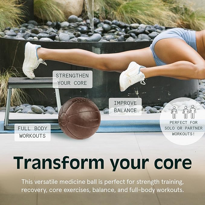 Core Weighted Medicine Ball 4, 6, 8, 10, 12, 14, 16, 20, 25, 30 lbs, Soft Touch Vegan Leather with Sturdy Grip for Strength Training, Recovery, Balance Exercises and Other Full-Body Workouts