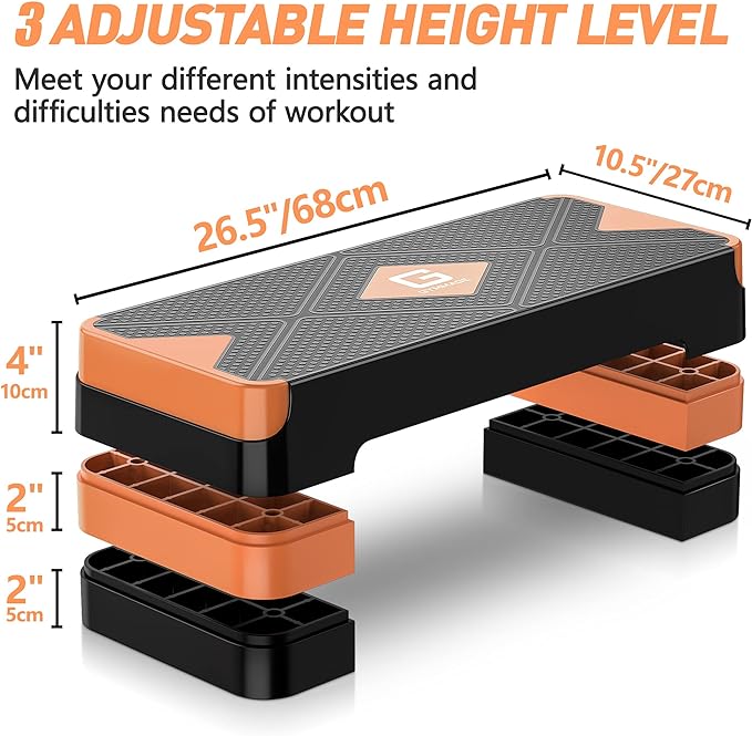 Aerobic Exercise Step, Adjustable Aerobic Stepper for Exercise, Workout Step Platform for Step Up, 26.5" Step Deck with 4” 6” 8” Adjustable Height Risers, Women Home Gym Cardio Fitness