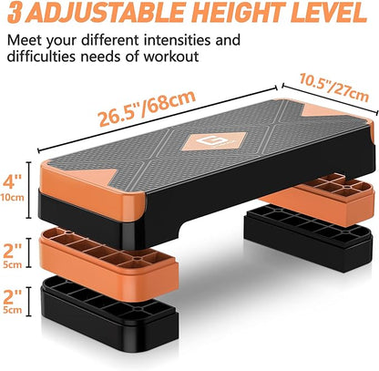 Aerobic Exercise Step, Adjustable Aerobic Stepper for Exercise, Workout Step Platform for Step Up, 26.5" Step Deck with 4” 6” 8” Adjustable Height Risers, Women Home Gym Cardio Fitness