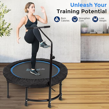 SereneLife 40"/48" Foldable Mini Trampoline - Compact Fitness Trampoline for Kids Adults, Exercise Bungee Rebounder with Adjustable Foam Handle, Indoor/Garden Workout Equipment, Max Load 264 lbs