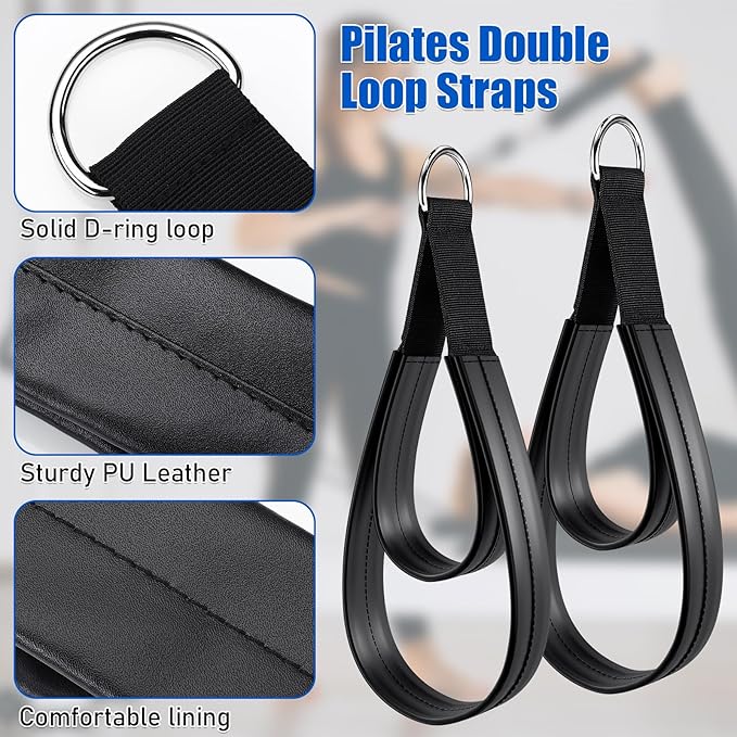 TOBWOLF 2PCS Pilates Straps, Pilates Double Loop Straps for Reformer, Fitness D-Ring Straps Double Loops Padded, Pilates Equipment D-Ring Exercise Straps Yoga Exercise Accessories for Home Gym Workout