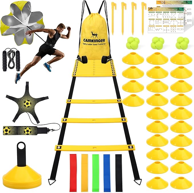 Agility Ladder Agility Training Equipment Set-20ft Speed Ladder/Running Parachute/24 Soccer Cones/Soccer Kick Trainer/Jump Rope| Soccer Football Training Equipment for Kids Youth Adults