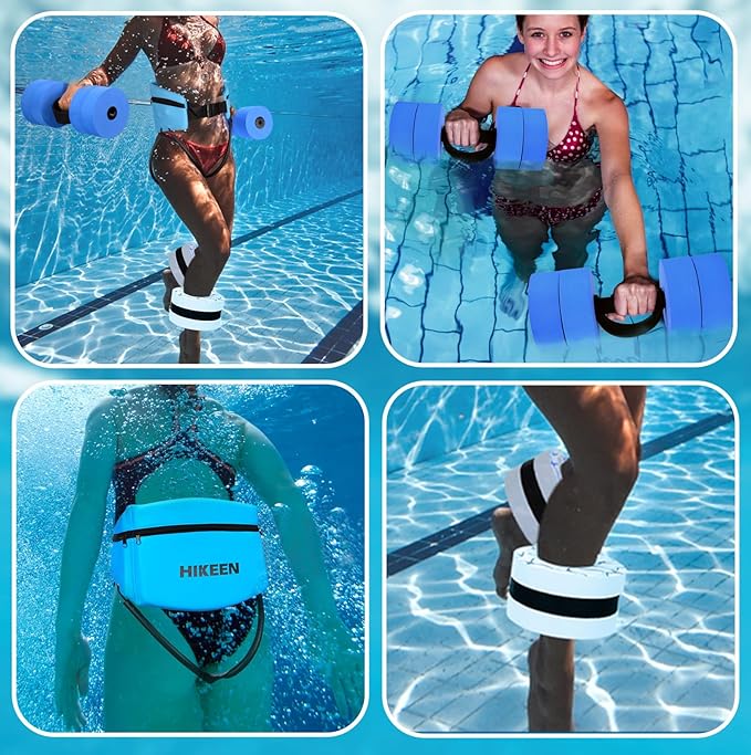 Water Aerobics Pool Exercise Equipment,Aqua Aerobics Equipment Set,Includes High Density Water Dumbbell Aqua Belt and Water Ankle Weights for Aquatic Aerobics Exercise,Pool Fitness