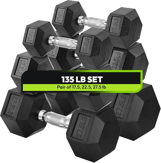 Hex Dumbbell Set, 3-100 lb Rubber Encased Exercise & Fitness Dumbbells, Weights Dumbbells Set of 2, Hand Weight for Strength Training (Single, Pair, Set)