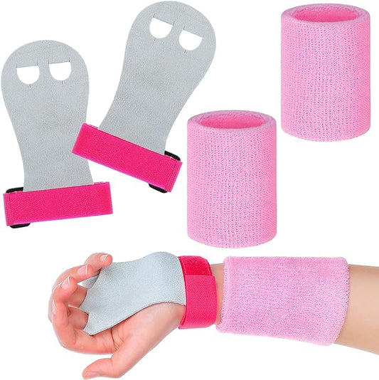 Civaner 4 Pieces Gymnastics Grips Pink Gymnastic Hand Grips Athletic Pink Wrist Bands Terry Cloth Sweat Bands Girls Sports Accessories for Kids Basketball Tennis Football Baseball