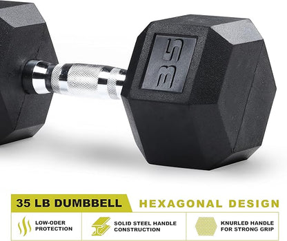 PRCTZ Rubber Encased Hex Dumbbell, 35lbs Pair (35) Black